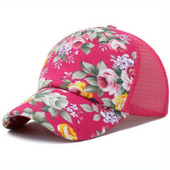 Vintage Flower Print Trucker Hat Baseball Cap Mesh Breathable