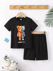 Boys Robotic Bear Outfit Round Neck T shirt & Shorts Kids Summer Clothes