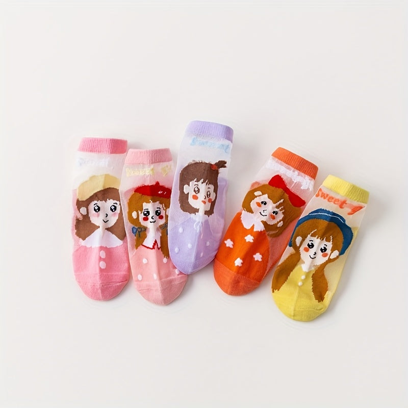 5 Pairs Girls Ice Silk Cotton Socks Breathable Elementary 1-11 Yrs Old