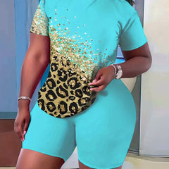 Women's Plus Leopard & Rhinestone Print Round Neck Short Sleeve & Shorts Outfits