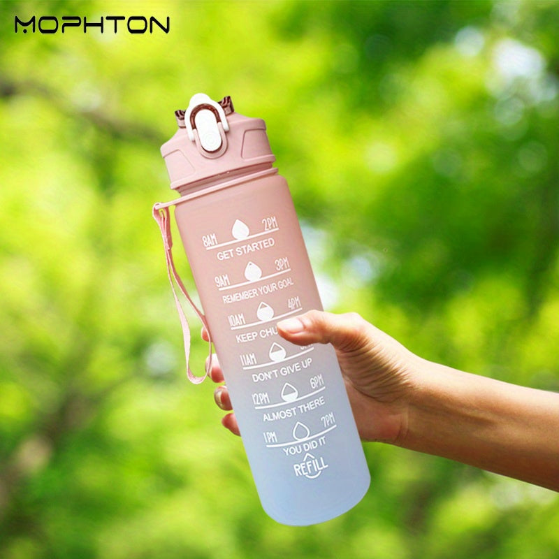 32oz Gradient Water Bottle with Time Scale Straw Leakproof Fitness Outdoor Sport