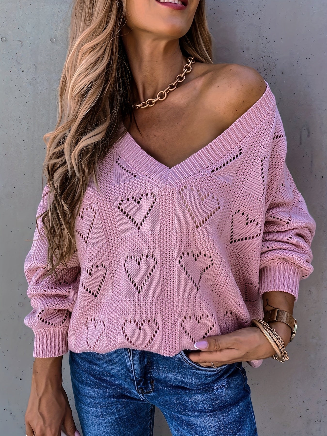 Heart Pattern Cut Out V Neck Sweater Casual Long Sleeve Sweater