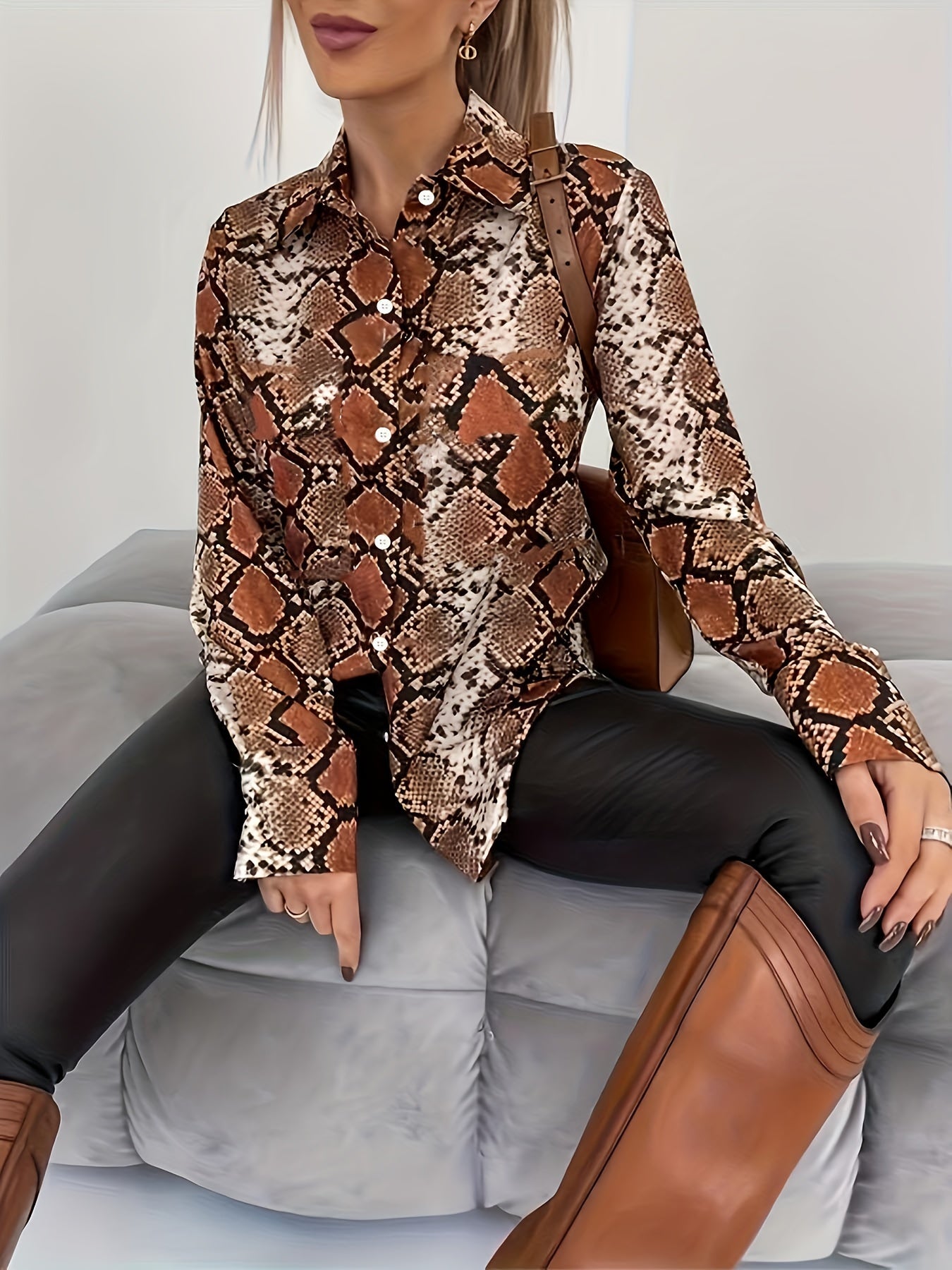Snake Skin Print Button Up Long Sleeve Blouse