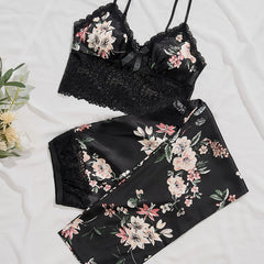 Floral Print Pajama Set V Neck Cami Top & Lace Pants Sleepwear
