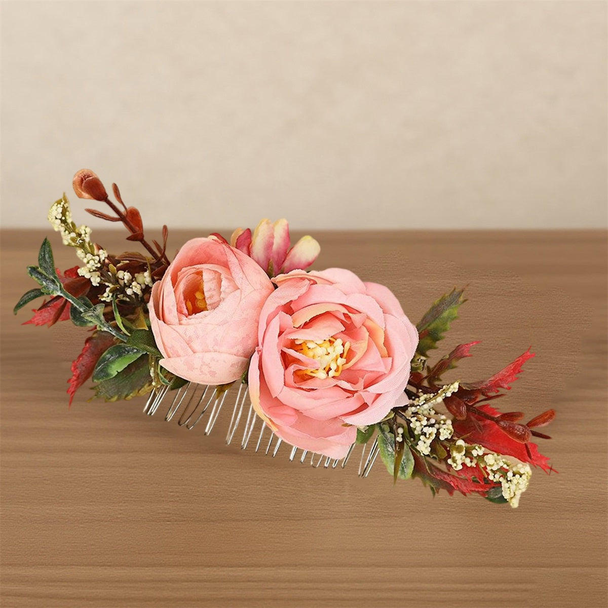 Pink Floral Hair Comb Clip for Women - Wedding Hair Accessories