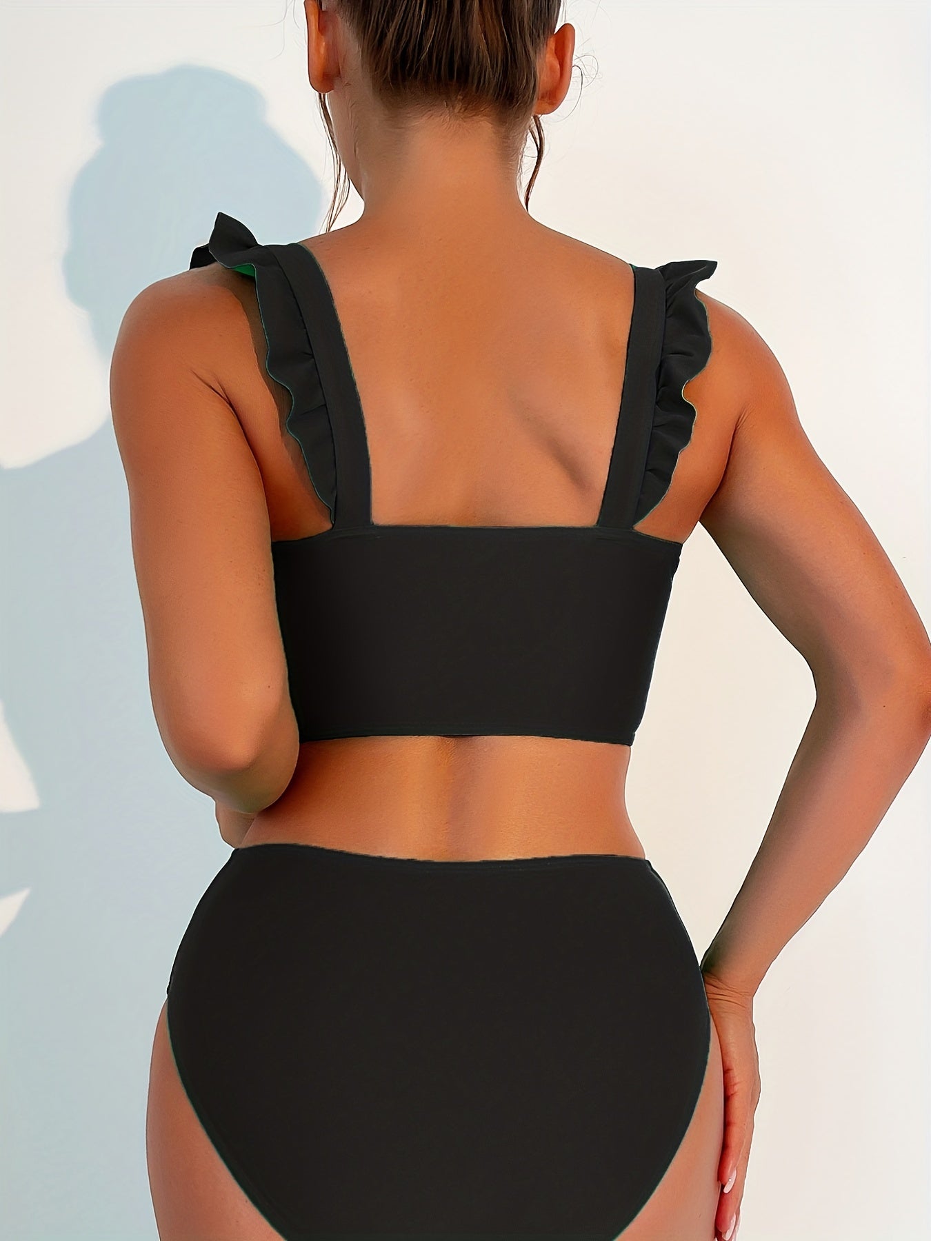 Ruffle Trim Straps Tankini Swimsuit High Stretch V Neck Beachwear