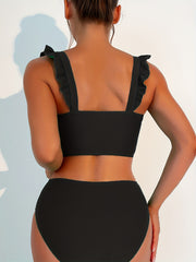 Ruffle Trim Straps Tankini Swimsuit High Stretch V Neck Beachwear
