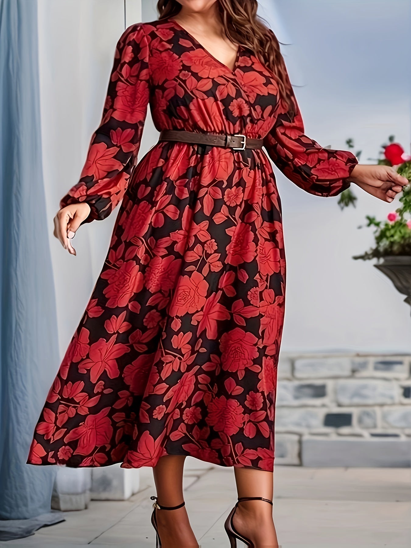 Casual Dress Women's Plus Floral Print Long Sleeve V Neck
