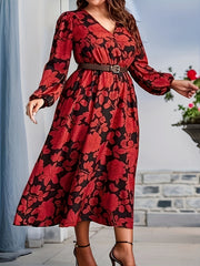 Casual Dress Women's Plus Floral Print Long Sleeve V Neck
