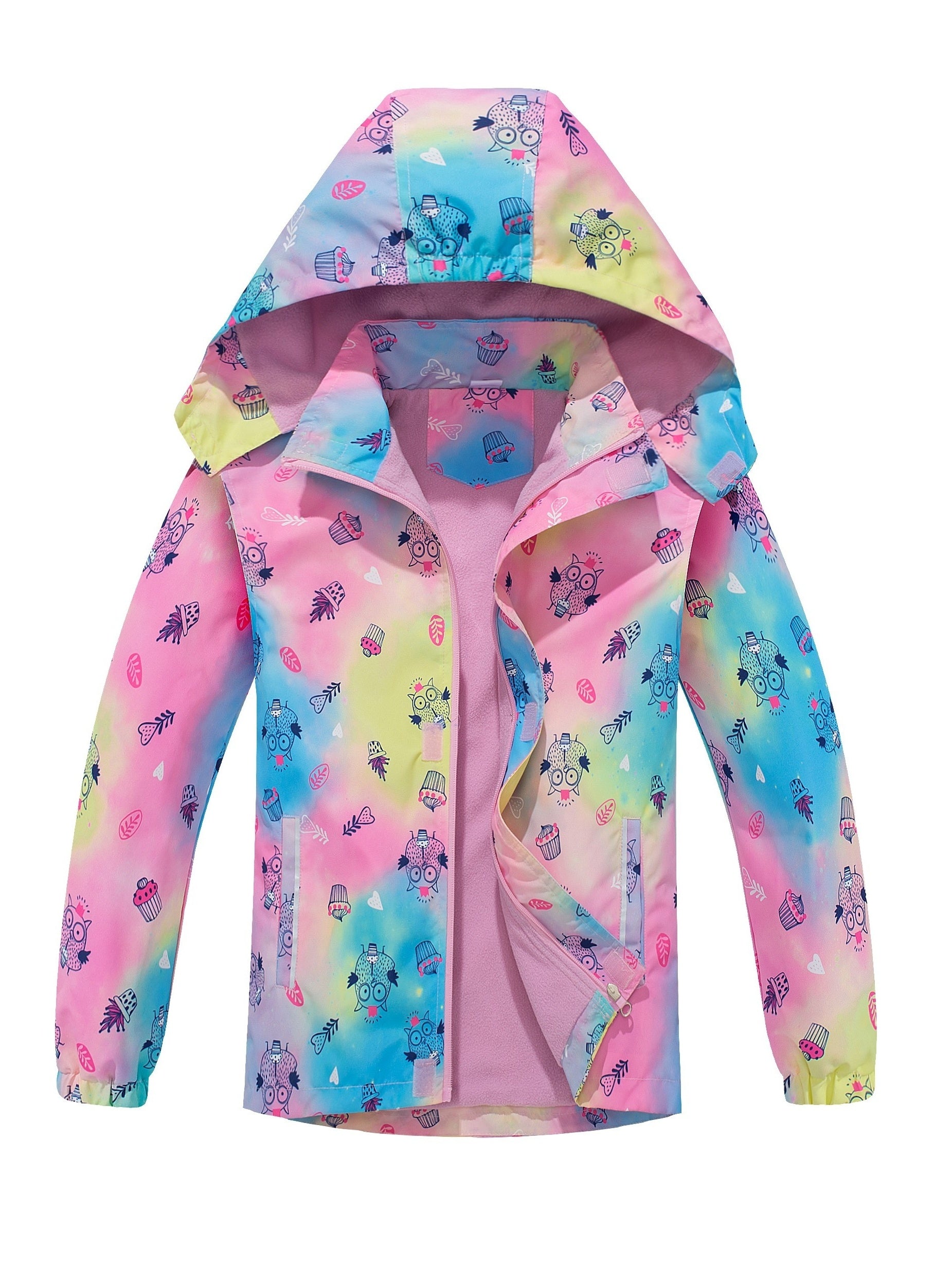 Girls Owl Tie Dye Hooded Jacket Windproof Waterproof Coat