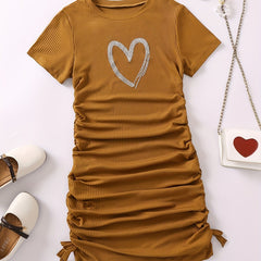 Girls Heart Graphic Ruched Knit Dress