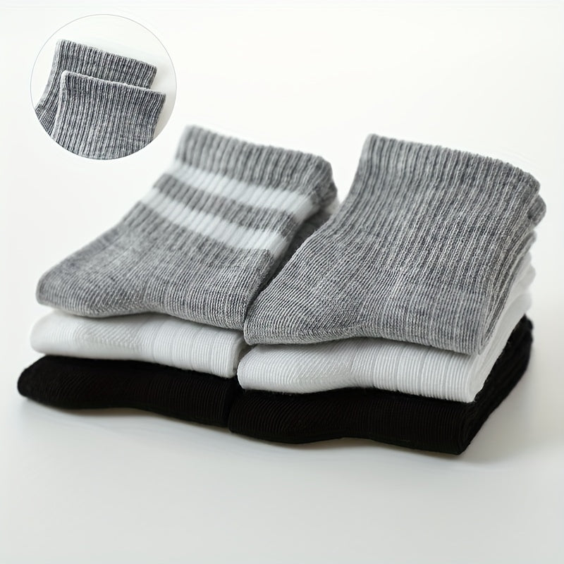 3 Pairs Boys Kids Striped Solid Socks For School Students Breathable Comfy