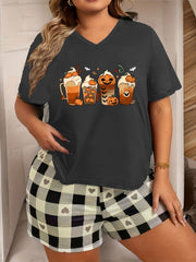 Halloween Loungewear Top Women's Bat & Pumpkin Drinks Print Pajama Top