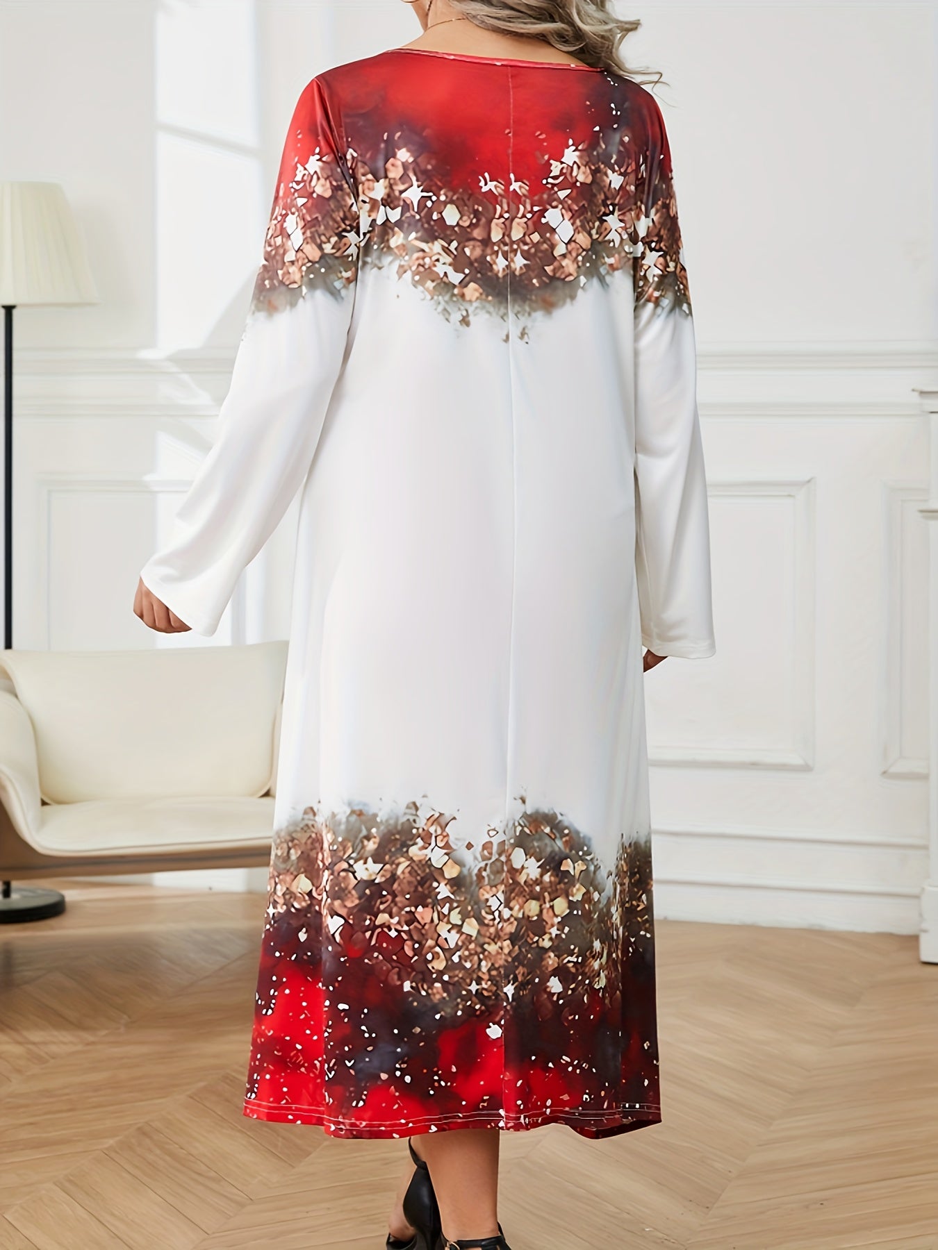 Colorblock Floral Print Long Sleeve Round Neck Dress