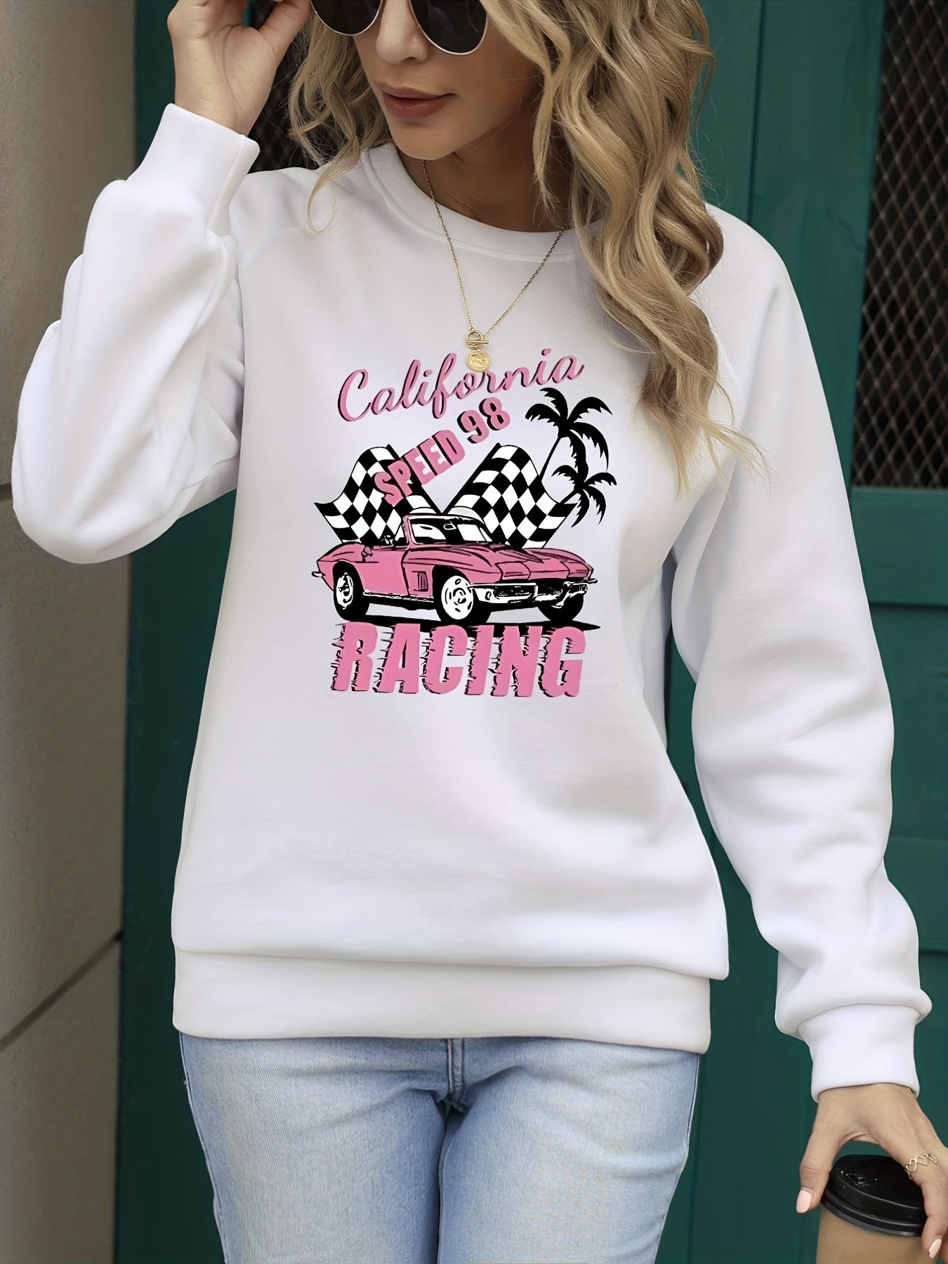 California Racing Print Crew Neck Sweatshirt for Women