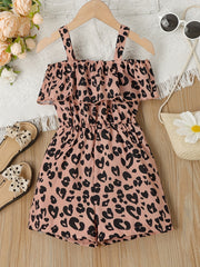 Girls Summer Leopard Print Sleeveless Jumpsuit Ruffle Outfit
