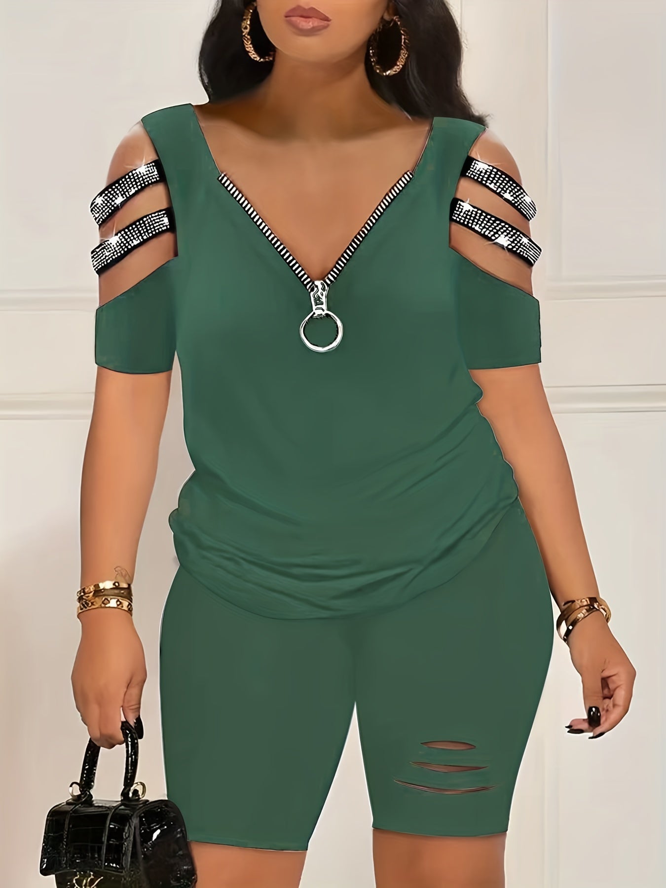 Plus Size Rhinestone Decor Cut Out Sleeve Top & Ripped Shorts Set
