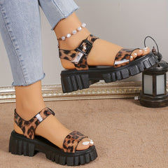Leopard Pattern Faux Leather Sandals Thick Sole Lightweight Non Slip Beach Shoes