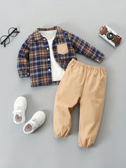 Handsome Baby Boys Plaid Shirt Pants Set Long Sleeve Top Trousers 2pcs