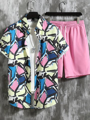 Geometric Print Men's 2Pcs Outfits Casual Button Up S