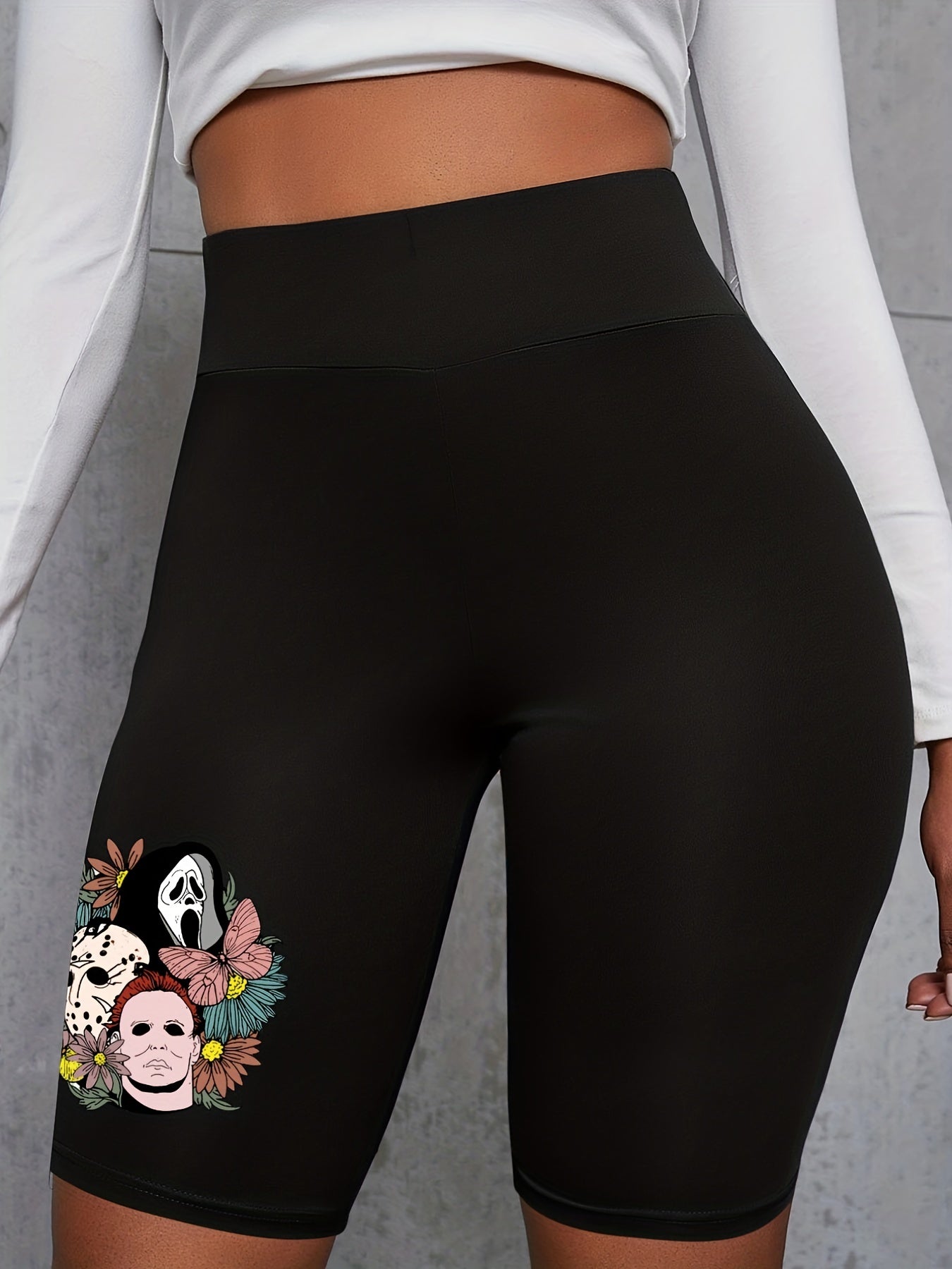 Women's Plus Graphic & Letter Print High Rise Skinny Fitness Shorts