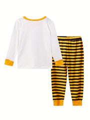 2pcs Toddler Pajama Set Long Sleeve Top & Stripe Pants Boy's Loungewear