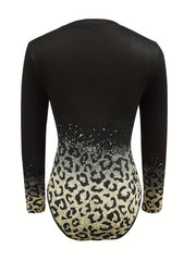Leopard Print Long Sleeve Crew Neck Bodysuit