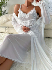 Sexy Lace Mesh Lingerie Set with Long Sleeve Robe and Deep V Ruffle Slip Dress