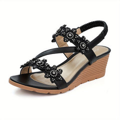 Women's Rhinestone & Flowers Wedge Sandals Slip On Platform Sandals
