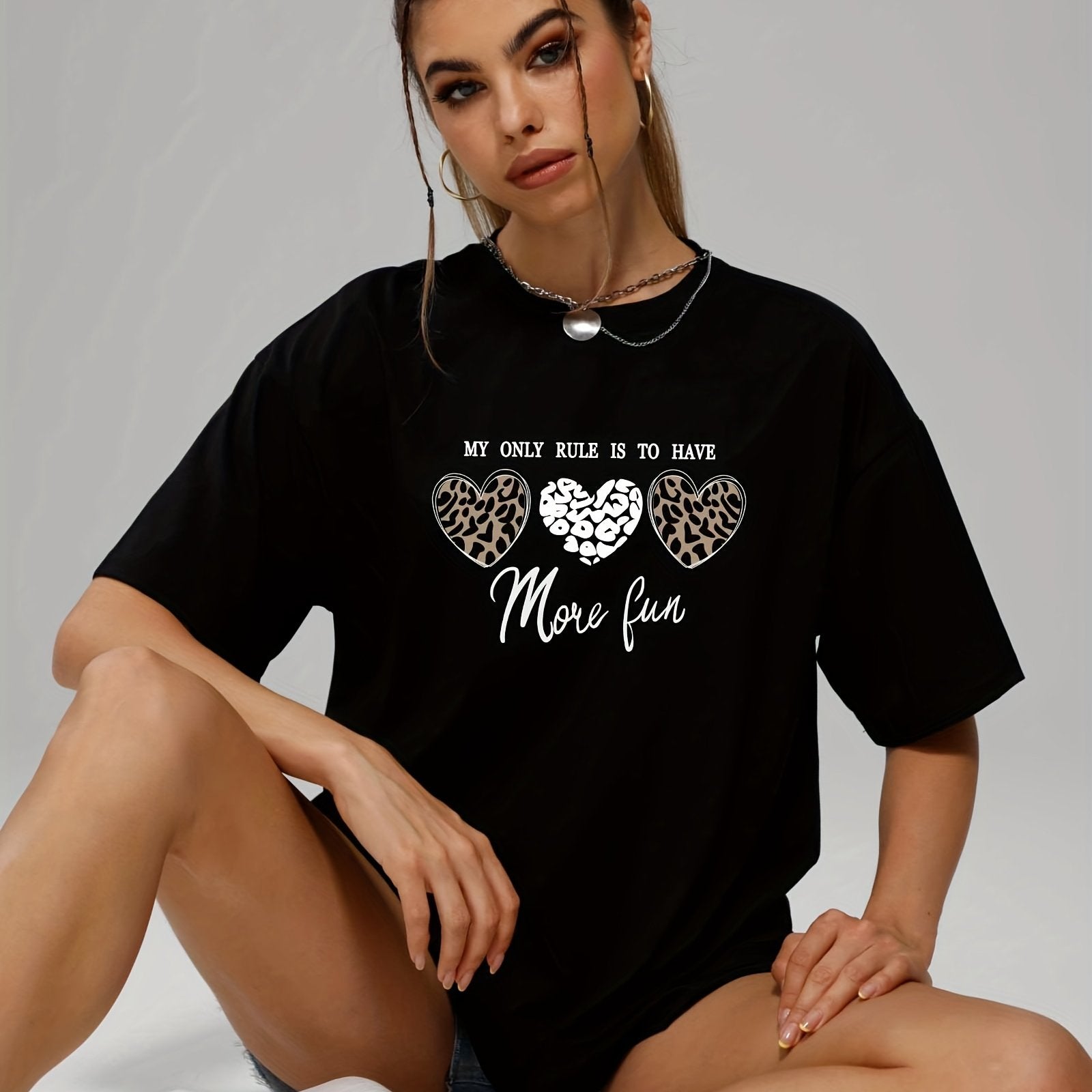 Leopard Heart Print T-Shirt Crew Neck Loose Short Sleeve Tee