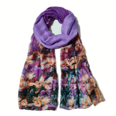 Vintage Purple Flower Print Scarf Gradient Warm Shawl Women Windproof Head Wrap