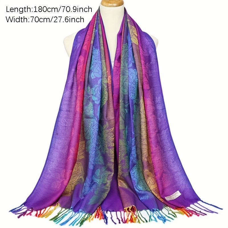 Gradient Fringed Scarf Long Print Warm Shawl Sunscreen Satin Shawl Wraps