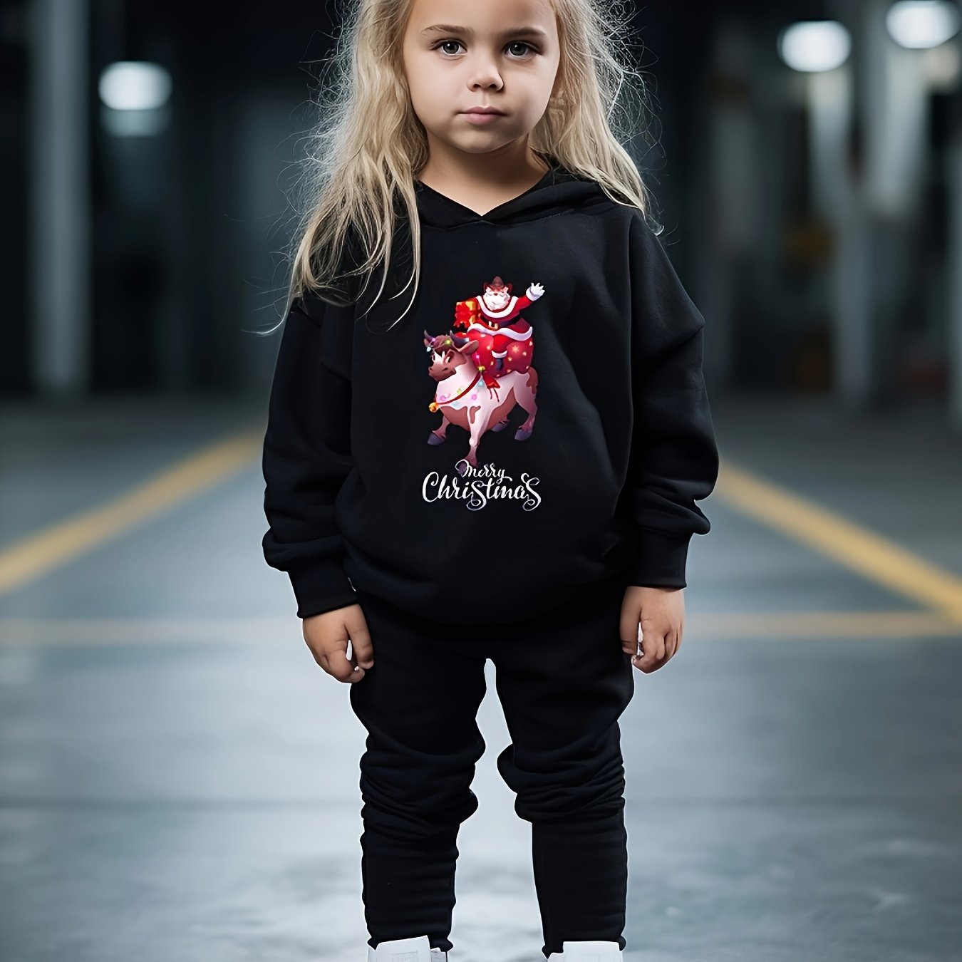 Girls 2pc Santa Claus Pattern Hooded Sweatshirt & Sweatpants Set