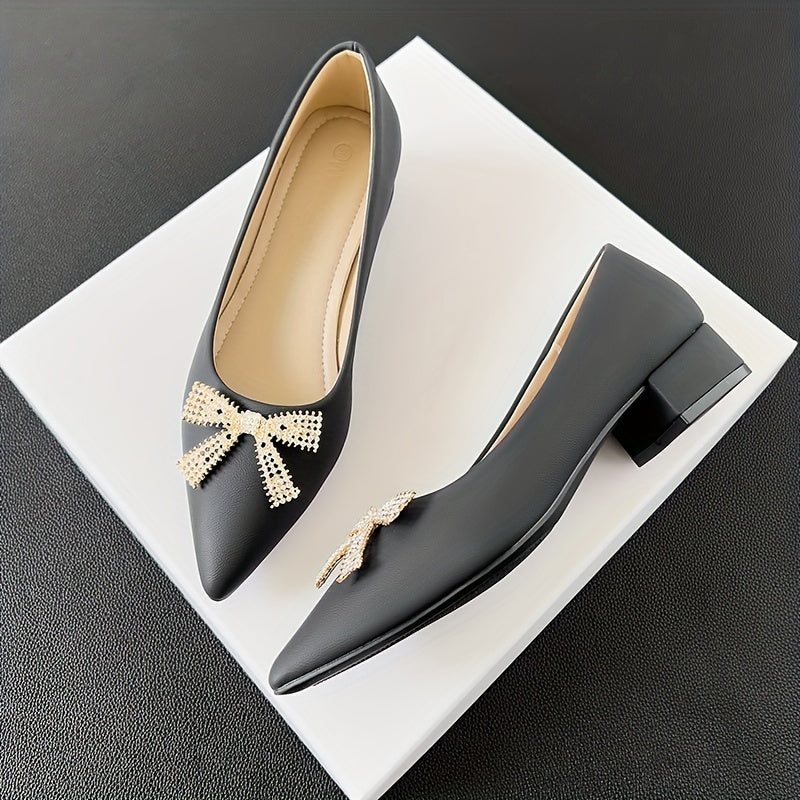Women's Rhinestone Bowknot Slip-On Low Heel Point Toe Shoes
