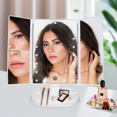 LED Trifold Vanity Makeup Mirror 3x Magnification Touch Screen Dimming