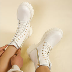 Women's Platform Combat Boots Round Toe Side Zipper & Lace Up Ankle Shoes