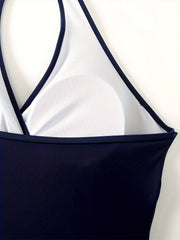 Solid Surplice Neck Halter One Piece Bathing Suit