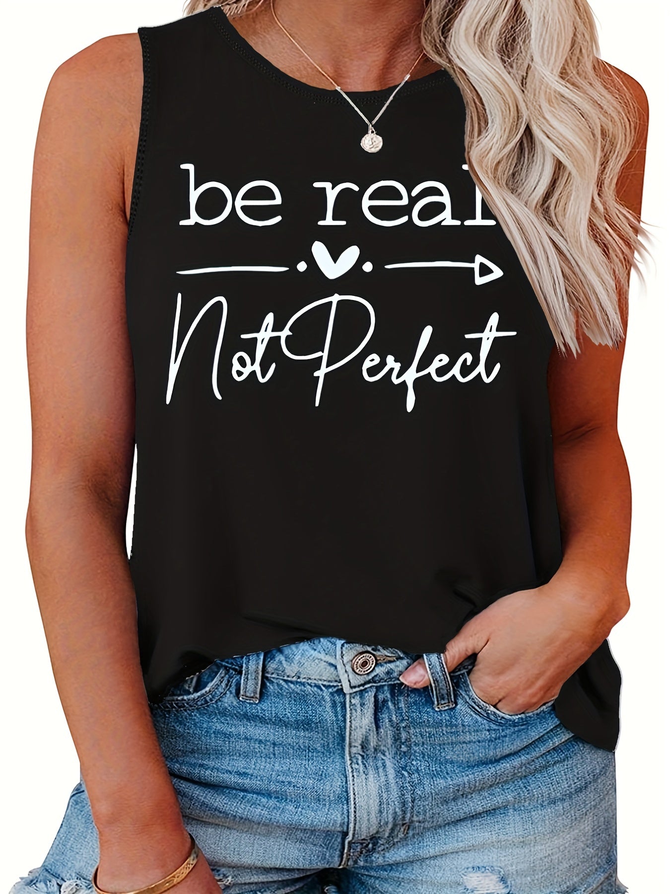Casual Tank Top Women's Plus Slogan Print Round Neck Tank