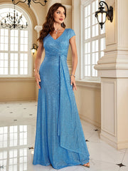 Sequin Twist Front Bridesmaid Dress V neck Short Sleeve Dress For Wedding Party