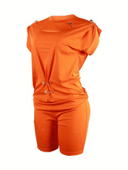 Ripped Pin Decor 2 Pc Set Crew Neck Tops & Slim Shorts Outfit