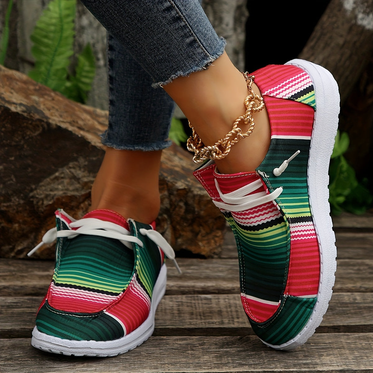 Women's Striped Canvas Shoes Round Toe Slip On Loafers Lightweight Flats