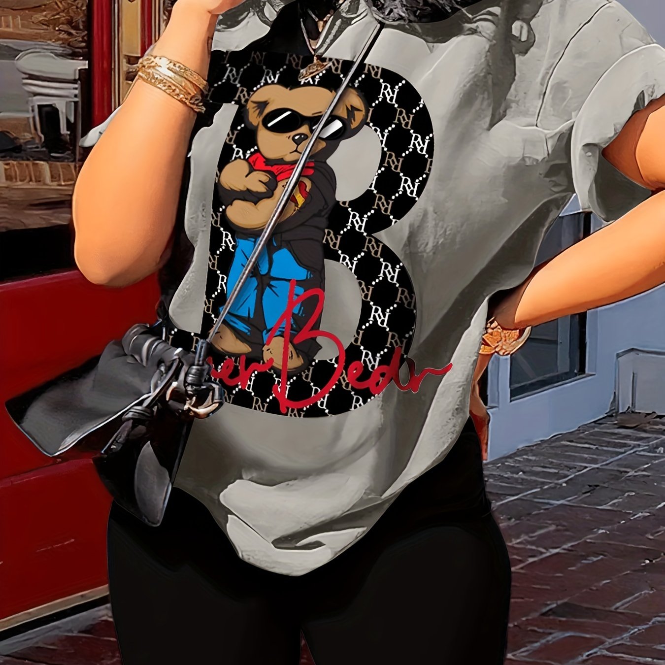 Cartoon Bear Print Tee & Solid Shorts Set