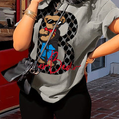 Cartoon Bear Print Tee & Solid Shorts Set