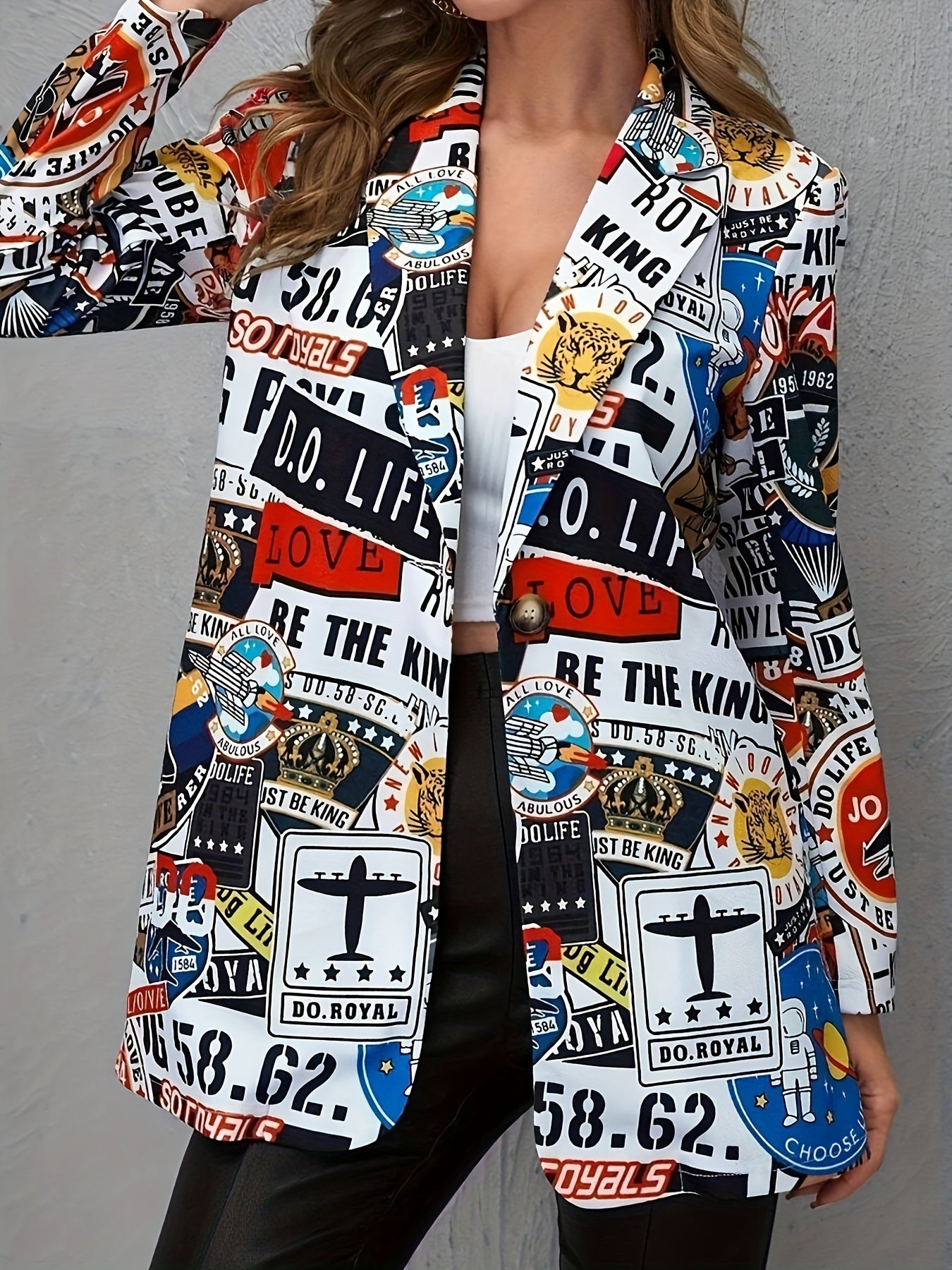 Boho Blazer Women's Plus Pop Art Print Button Up