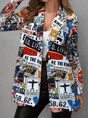 Boho Blazer Women's Plus Pop Art Print Button Up