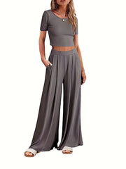 Solid Ribbed Two piece Set Short Sleeve Crop T shirt & Pocket Wide Leg Pants