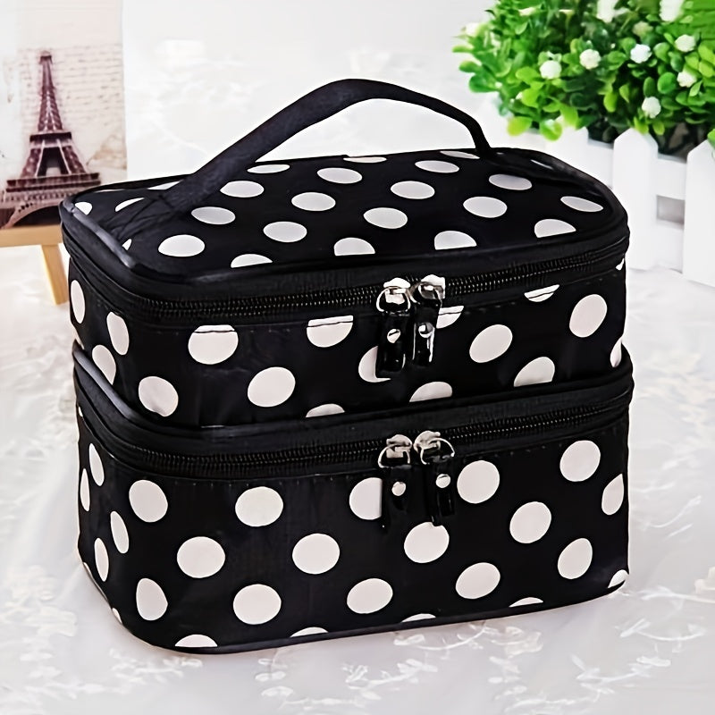 Double Layer Dot Pattern Cosmetic Bag, Waterproof & Durable with Mirror