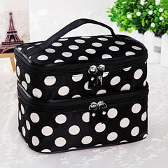 Double Layer Dot Pattern Cosmetic Bag, Waterproof & Durable with Mirror
