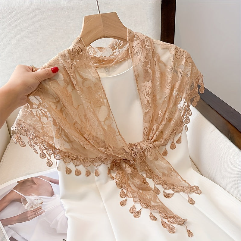 Apricot Hollow Out Triangle Towel Lace Fringed Shawl for Women