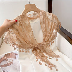 Apricot Hollow Out Triangle Towel Lace Fringed Shawl for Women